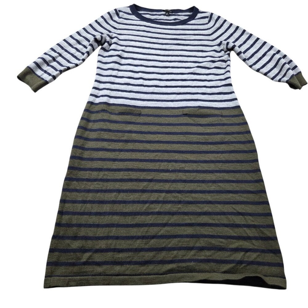 Talbots Sweater Dress Women's Medium Wool Blend Olive Gray Striped Midi 3/4 Slv